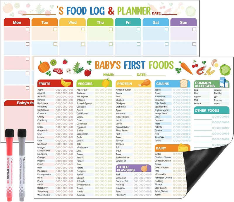 Thboxes 2 Pack Baby First Foods Checklist, 14x10"Baby Food Chart with 2 Dry Erase Markers, Magnetic Baby's First Food Tracker & Daily Food Log Meal Planner, 101 Foods Before 1 Checklist Magnet for Fridge - Image 1